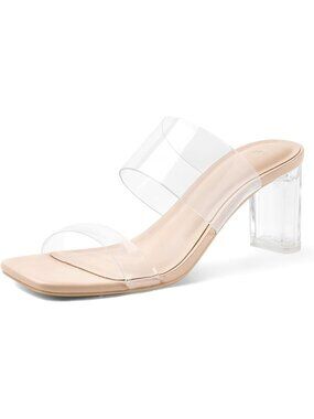 Women's Nude PU Transparent Two Strap Block Chunky Square Heel Sandals Open Toe